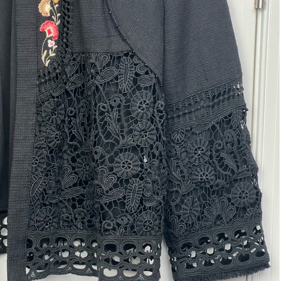 BOHO Chicos 3 Black Floral Embroidered Lace Beaded Eyelet Open Front Blazer XL - Picture 4 of 7